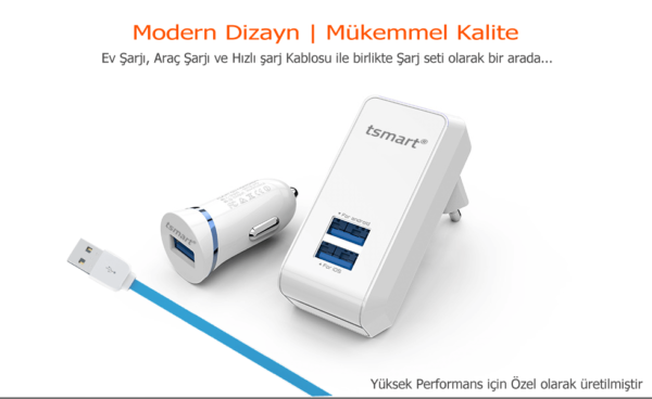 Tsmart 3in1 Şarj Seti, Seyahat Şarjı, Araç Şarjı ve Şarj Kablosu Birada