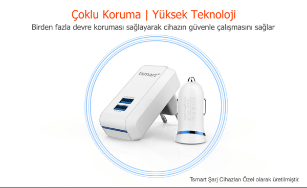 Tsmart 3in1 Şarj Seti, Seyahat Şarjı, Araç Şarjı ve Şarj Kablosu Birada
