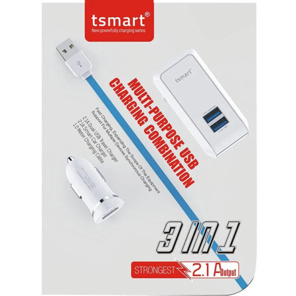 Tsmart 3in1 Şarj Seti, Seyahat Şarjı, Araç Şarjı ve Şarj Kablosu Birada