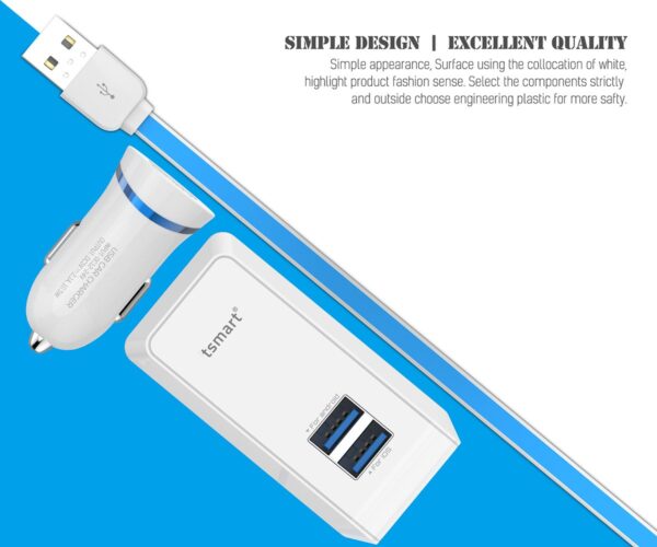 Tsmart 3in1 Şarj Seti, Seyahat Şarjı, Araç Şarjı ve Şarj Kablosu Birada