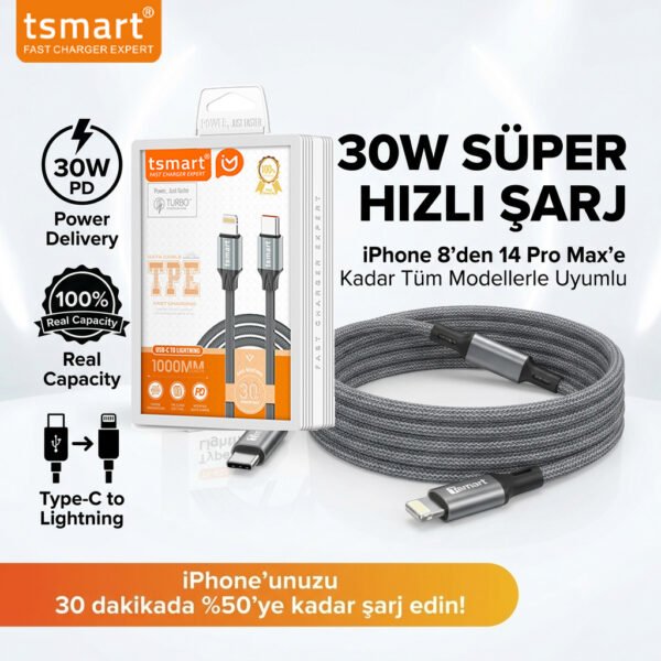 k20-2 Tsmart 30W Usb-C To Lightning iPhone Hızlı Şarj Kablosu TS-K20