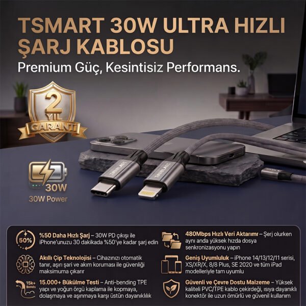 tsk20-1 Tsmart 30W Usb-C To Lightning iPhone Hızlı Şarj Kablosu TS-K20